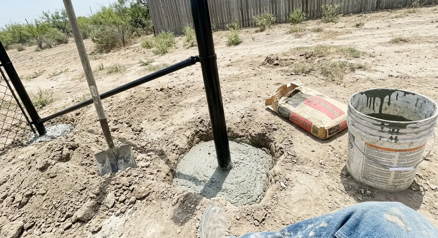 Vinyl-coated black chain-link terminal post being set in concrete in Laredo.