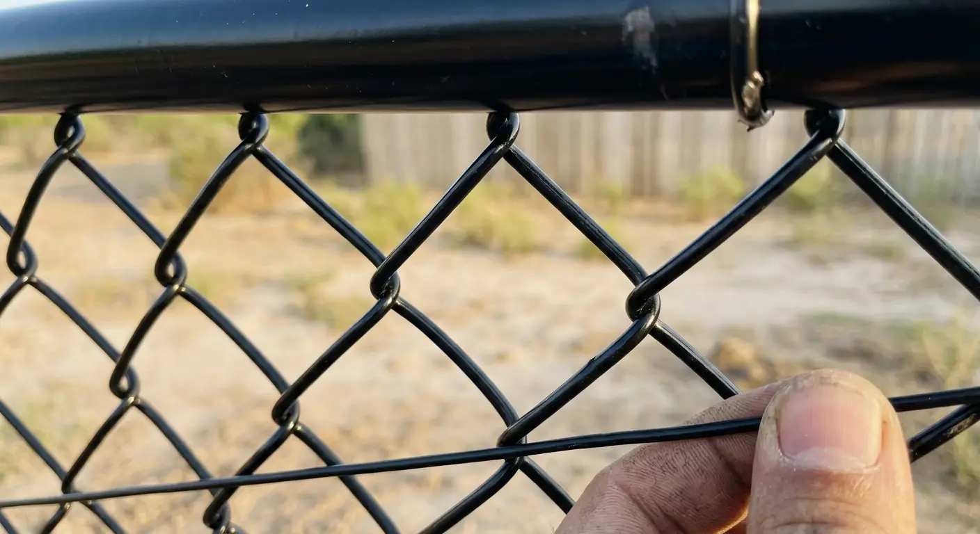 Close-up of vinyl-coated black chain-link fabric on a Laredo fence; top rail visible above.