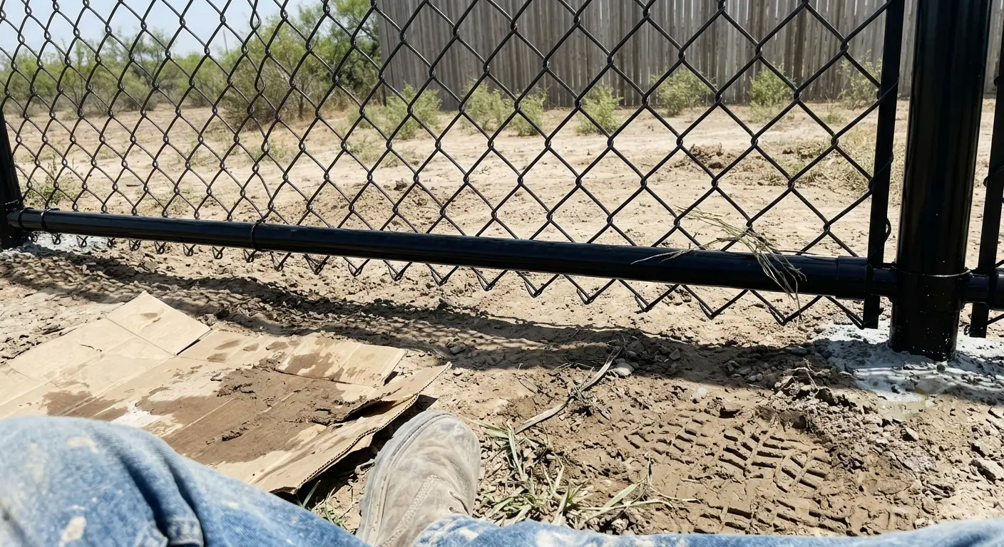 Bottom-rail detail of a vinyl-coated chain-link fence in a Laredo dog run; rail 1-2 inches above grade.