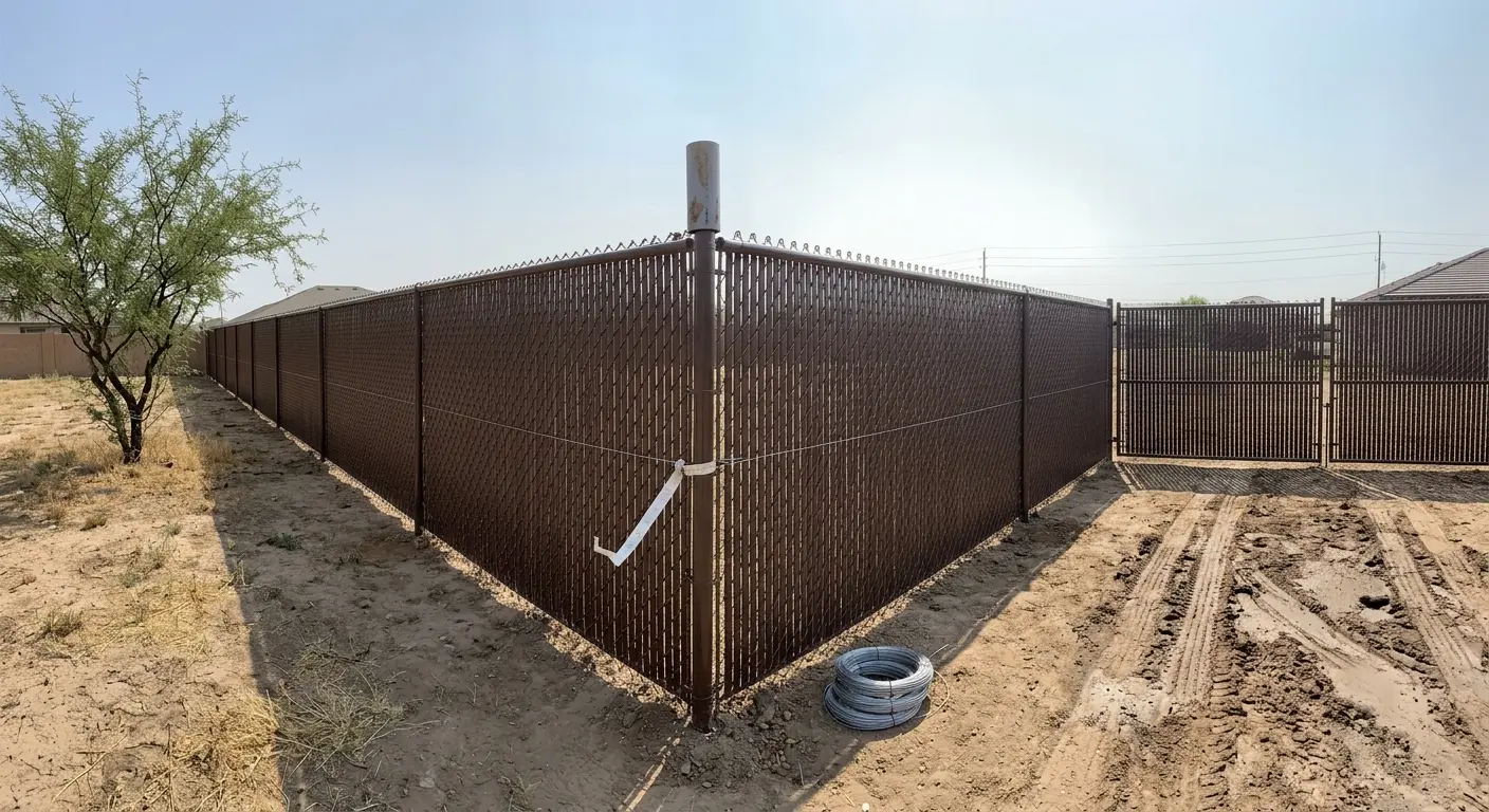 Long run of finished vinyl-coated chain-link fence at the back of a Laredo residential lot.