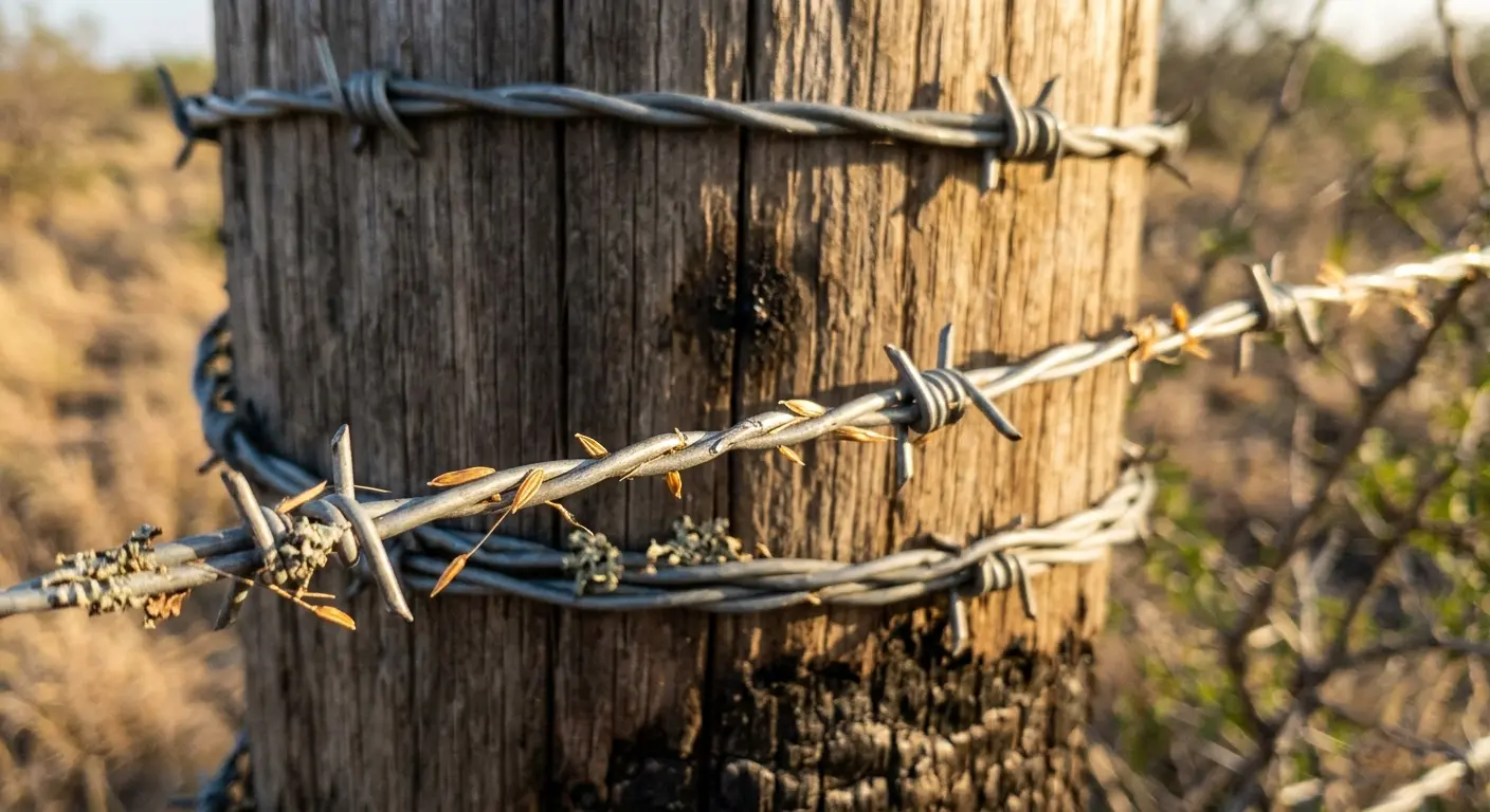 Four-strand barbed wire wrapped around a ranch fence corner post in Webb County.