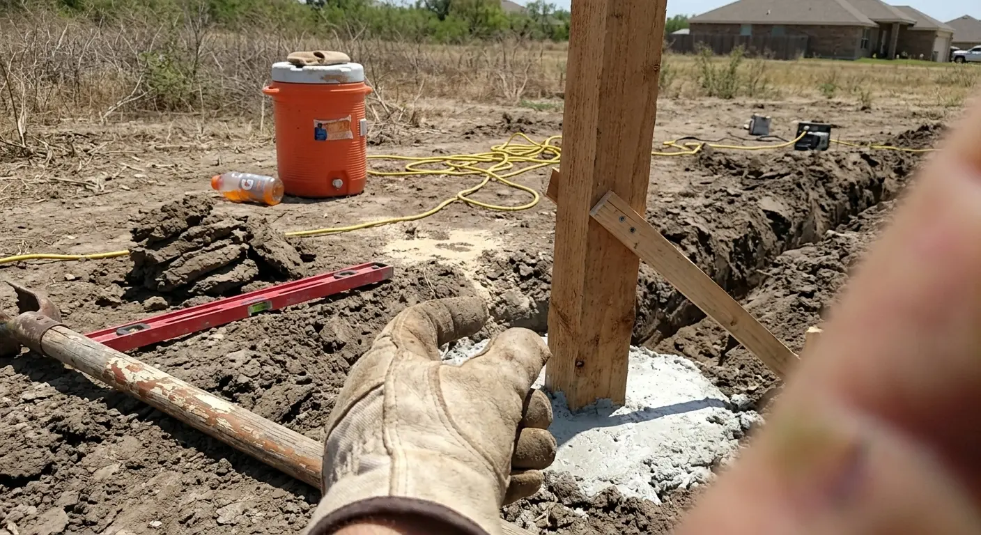 Worker hand holding a cedar post plumb in fresh concrete during a Laredo privacy fence install.
