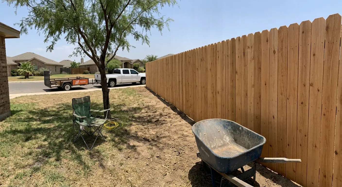Freshly completed cedar privacy fence stretching down the side of a Laredo home.