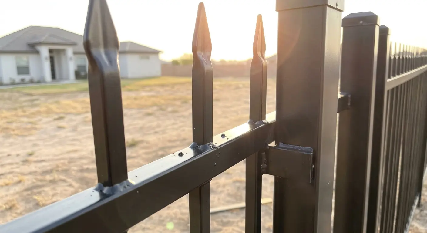 Spear-top ornamental iron fence panel installed at a Laredo home.