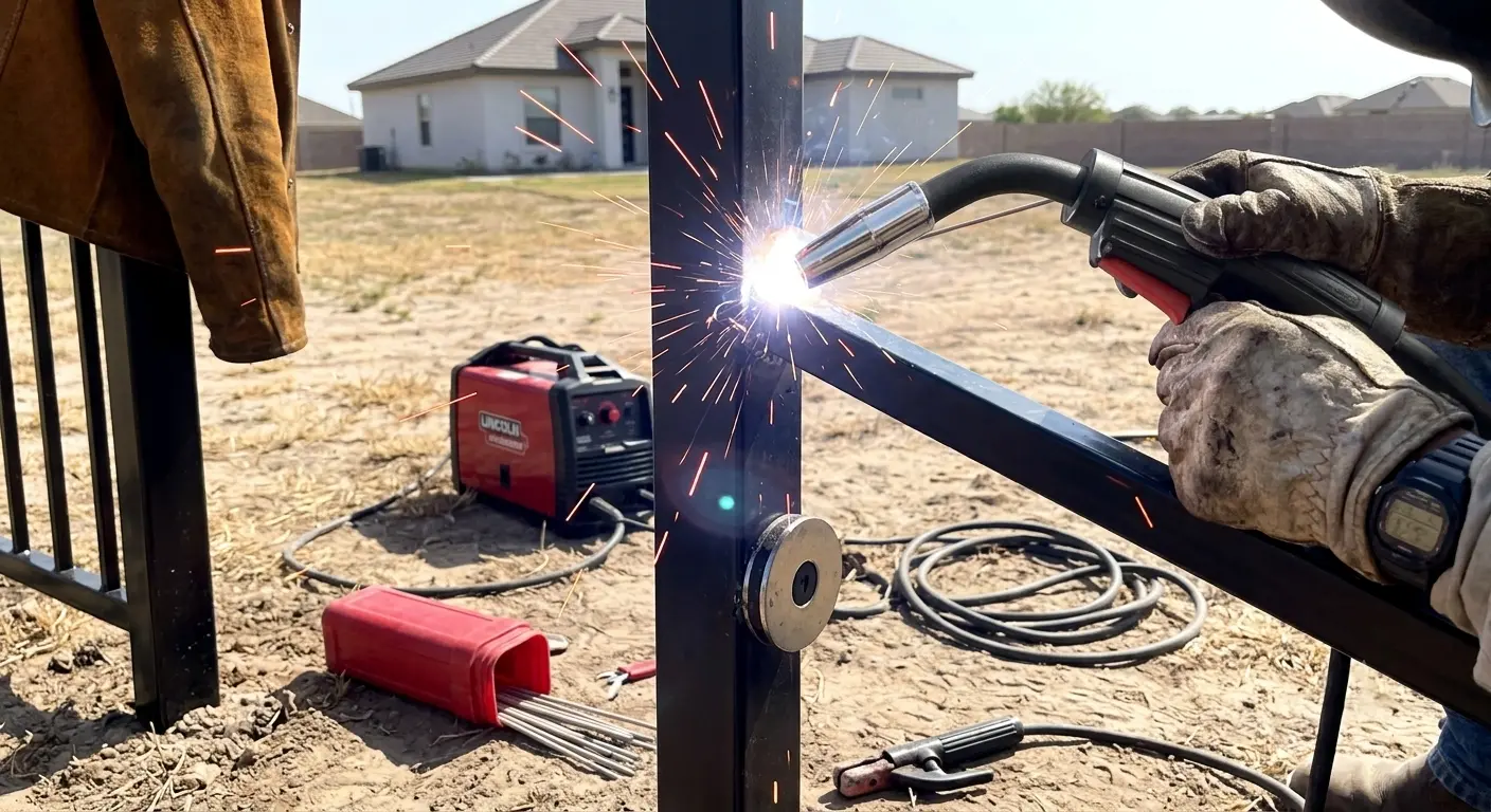 Welding an ornamental iron panel to a post during a Laredo install; sparks visible.