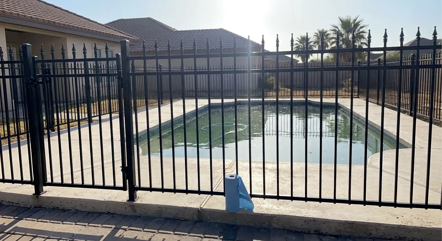 Ornamental iron fence enclosing a pool at a Laredo home; pool-code gate visible.