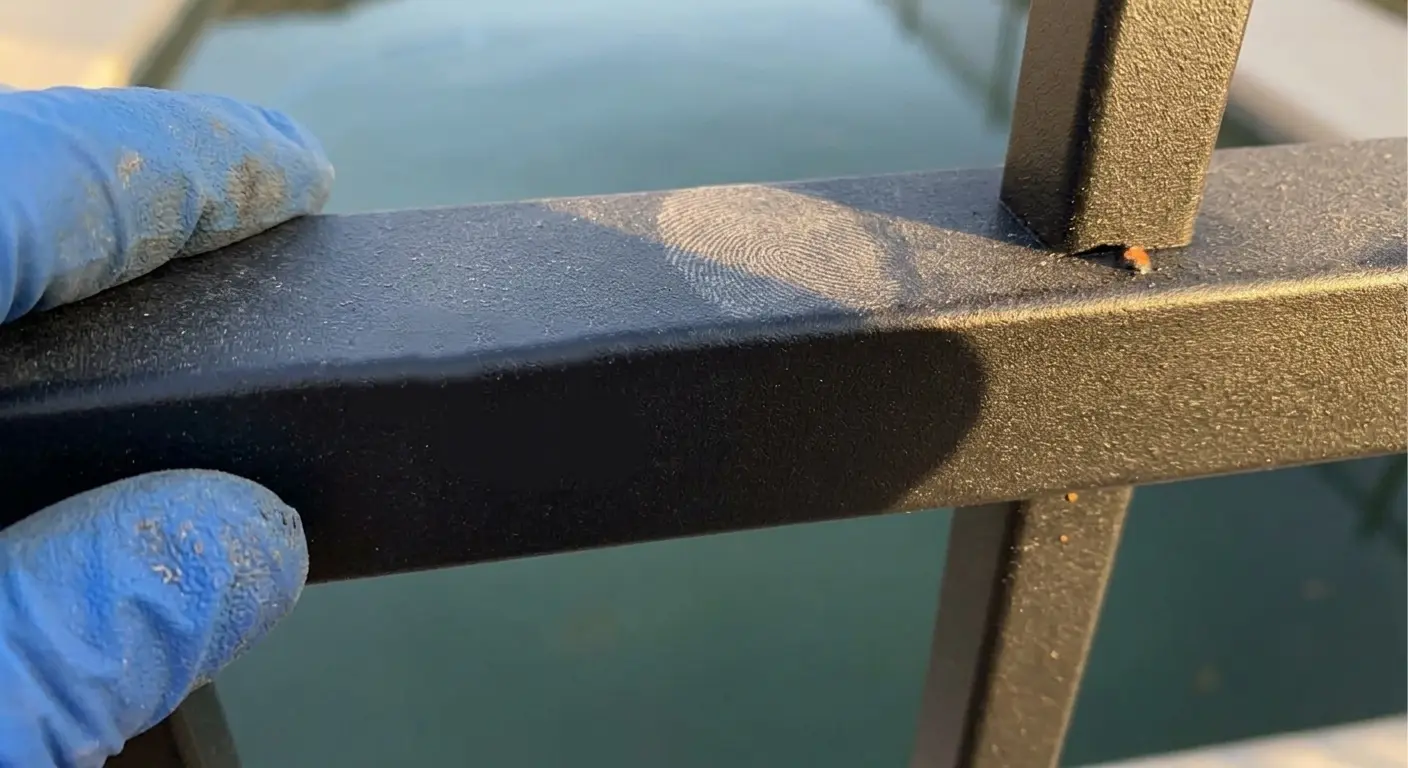 Powder-coated black finish detail on an ornamental iron panel in Laredo.